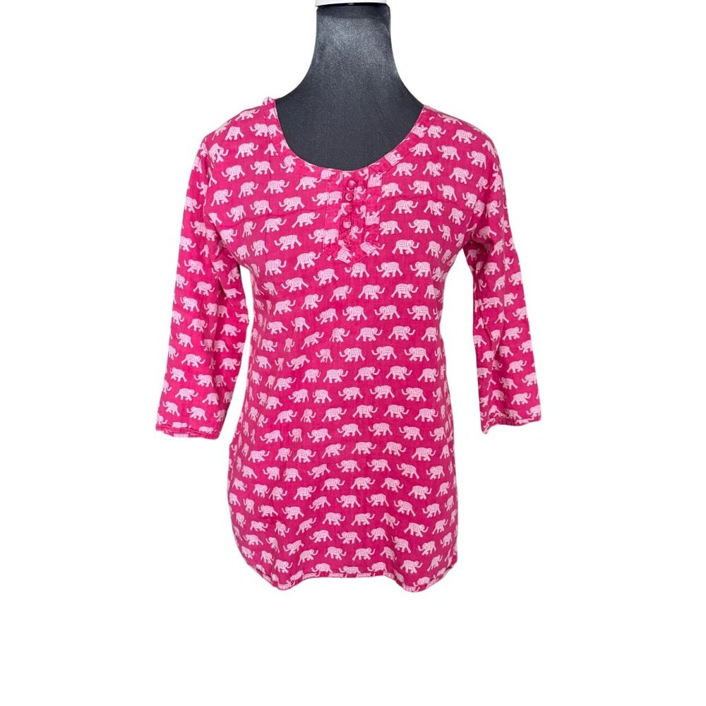 Pink Elephant Print Womens 3/4 Sleeve Cotton Tunic Top With Button Details